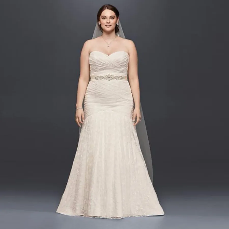 Elegant Full Lace Mermaid Plus Size Wedding Dress Sweetheart Ruched Bodice Custom Made Beading Sash Mermaid Bridal Gowns 9WG3842