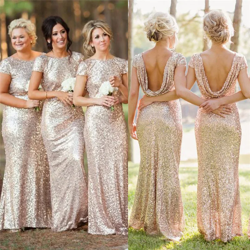 Sparkly Bling Gold Roze Sequin Avondjurken Sexy Backless Goedkope Bruidsmeisjes Jurken Elegante Korte Mouw Formele Prom Dresses 2017 Vestidos