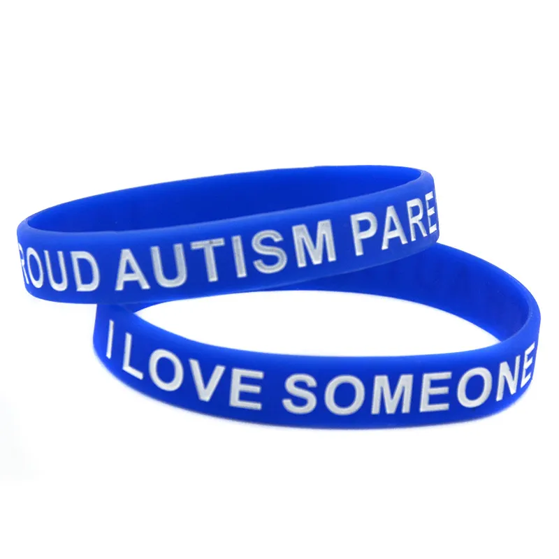 100 stks autisme siliconen rubberen armband blauwe volwassen grootte uitgeslagen en ingevuld in kleur voor promotie cadeau