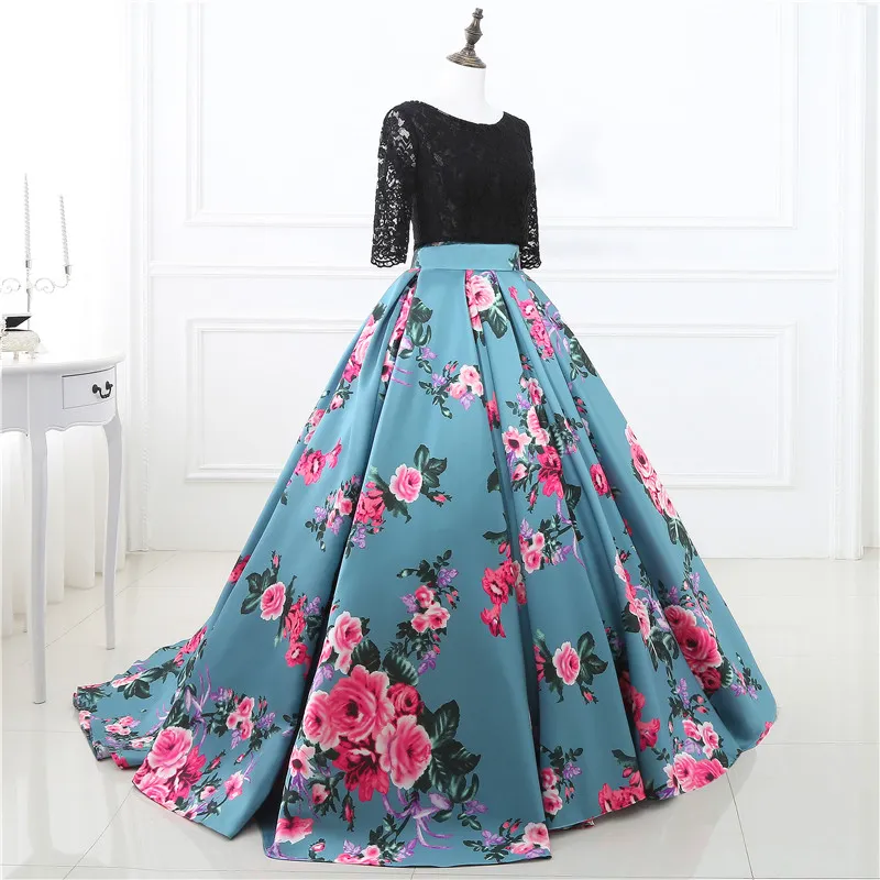 In Stock Two Stones Prom Dresses Print Flowers Ball Gowns Three Quarter Sleeve Lace Top Evening Gowns