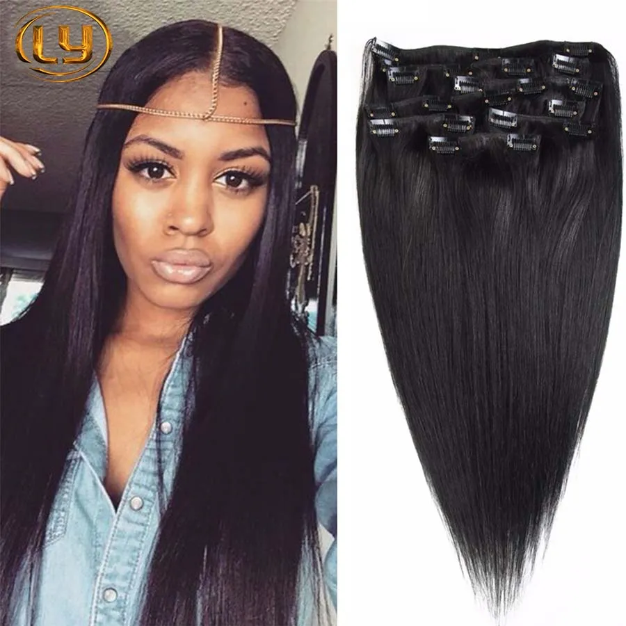 7A Straight Clip In Human Hair Extensions Peruvian Straight Human Hair Clip In Extensions 10pcs/set 200g For Black Hair Extensions