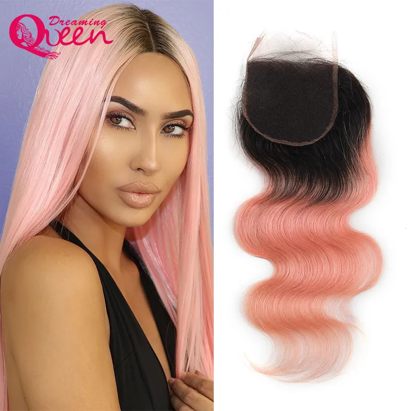1B Pink Body Wave Chiusura in pizzo Ombre Capelli umani brasiliani Rosa 4x4 Chiusure Capelli umani vergini Dreaming Queen Hair