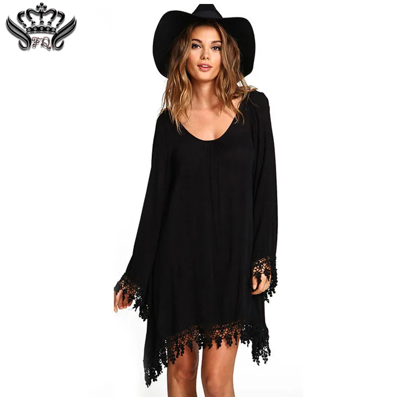 Hurtownie- 2016 Summer Women Boho Tassel Sukienka Krótkie Vestido Sexy Koronki Crochet Szyfonowa Tunika Hollow Black Beach Koszula Dress Blusa Gorąca Sprzedaż