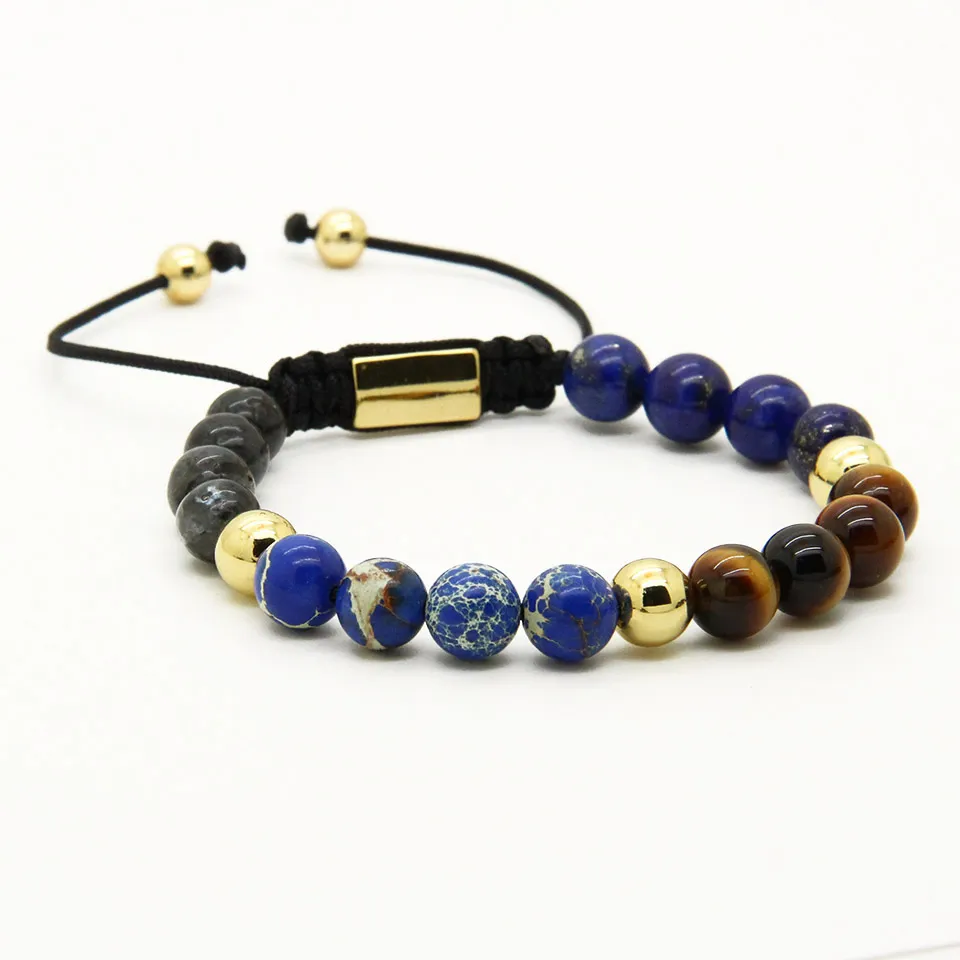 Goedkope sieraden groothandel 10 stks / partij 8mm blauwe zee sediment stenen kralen met een rang tijger oog steen energie macrame armbanden