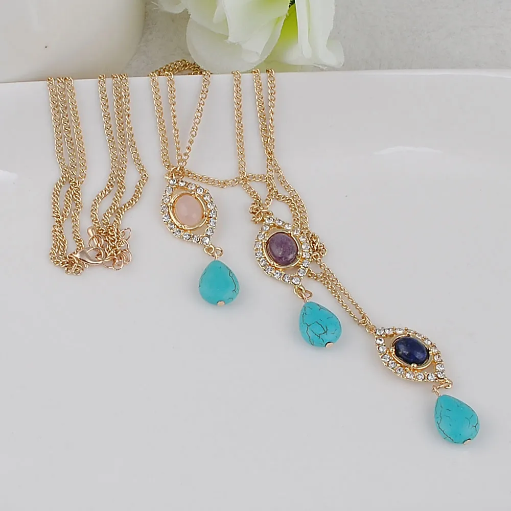 Women's Accessoires Sieraden Mode Gold Temperament Multilayer Metalen Hangers Drie Lagen Turquoise Collier Ketting