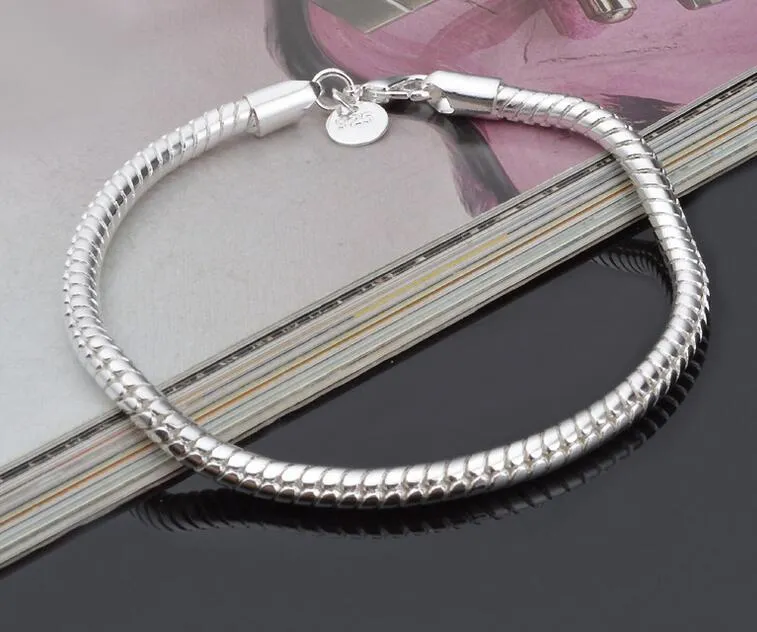 2017 Hot Sales 3MM 8 inches long 925 Silver Snake Charm Chain Bracelet 10g