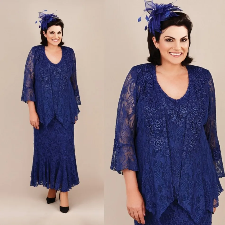 Balon Mère Ann des robes de mariée Royal Blue Mermaid Lace Mères Robe d'invité de mariage Ankel Longueur Plus Taille Mère Robes de marié Robe