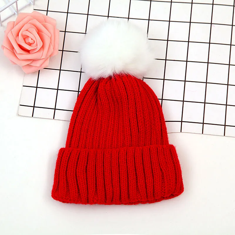 Winter Children Faux Fur Pom Pom Knitted Hats Kids Boys Girls Solid Wool Beanies Skullies Cap