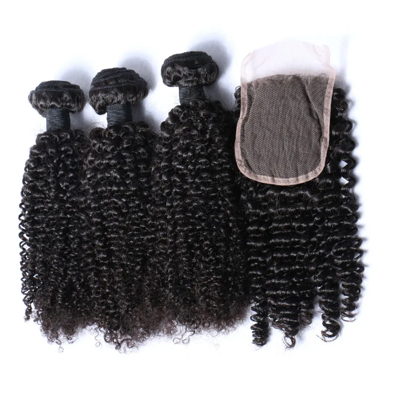 Afro Kinky Curl Bundles de cheveux brésiliens avec fermeture Tissage de cheveux humains Fermeture 4x4 Partie libre Couleur naturelle 1B Noir