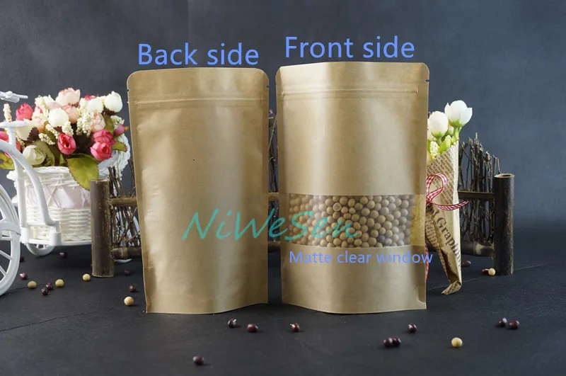 14x20cm / X Brown Stand up Kraft paper ZipLock bags con opaco Clear window-pacchetto riciclabile Lollipops / sacchetto antipolvere al cioccolato