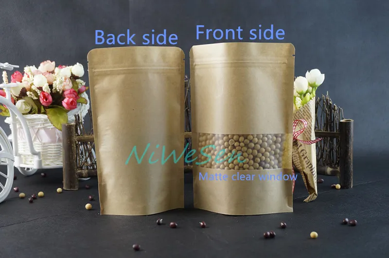 10x15cm,X Stand up Kraft paper ziplock bag with matte Clear window-resealable zipper pack cookie/cup cake dustproof sack