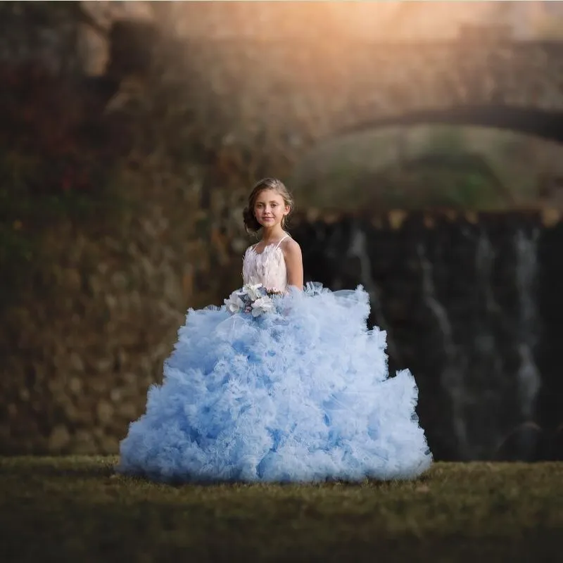 Cloud Blue Girls Pageant Jurk 2017 Mooie Mode Crystal Luxe Feather Communion Jurk Boog Puffy Tiered Flower Meisjes Jurken voor Huwelijk