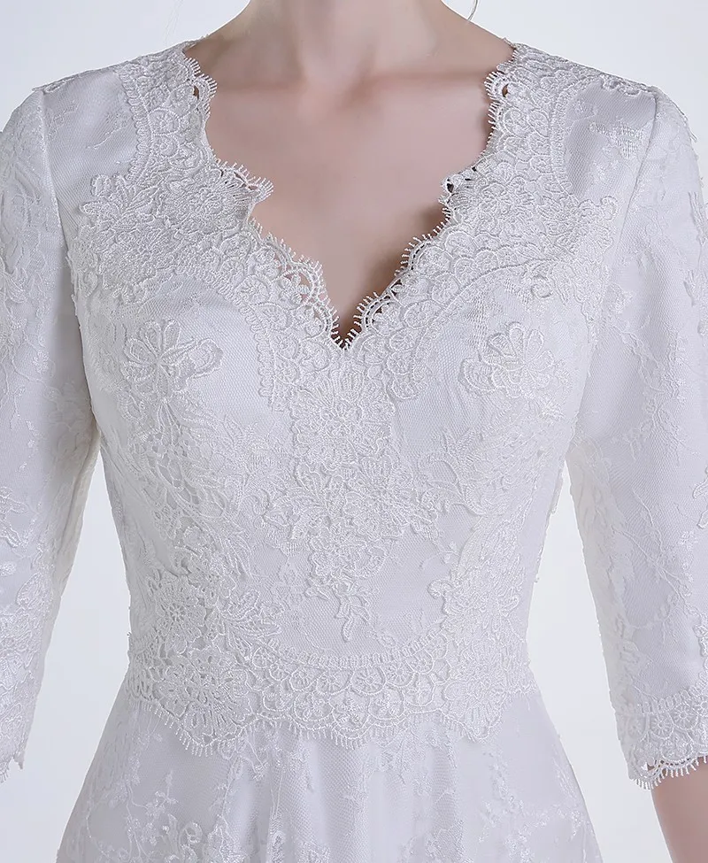 Lace A-line 겸손 웨딩 드레스 3/4 슬리브 V-Neck Vestidos De Novia 층 길이 진짜 맞춤 제작 된 사원 웨딩 가운 버튼