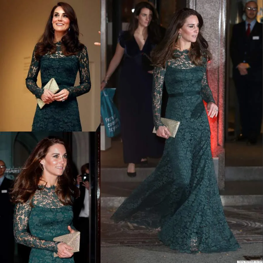 Kate Middleton in formellen Spitzenkleidern, Abendgarderobe mit langen Ärmeln, durchsichtigen Abendkleidern mit Bateau-Ausschnitt, bodenlangem Jägergrün-Abschlussballkleid