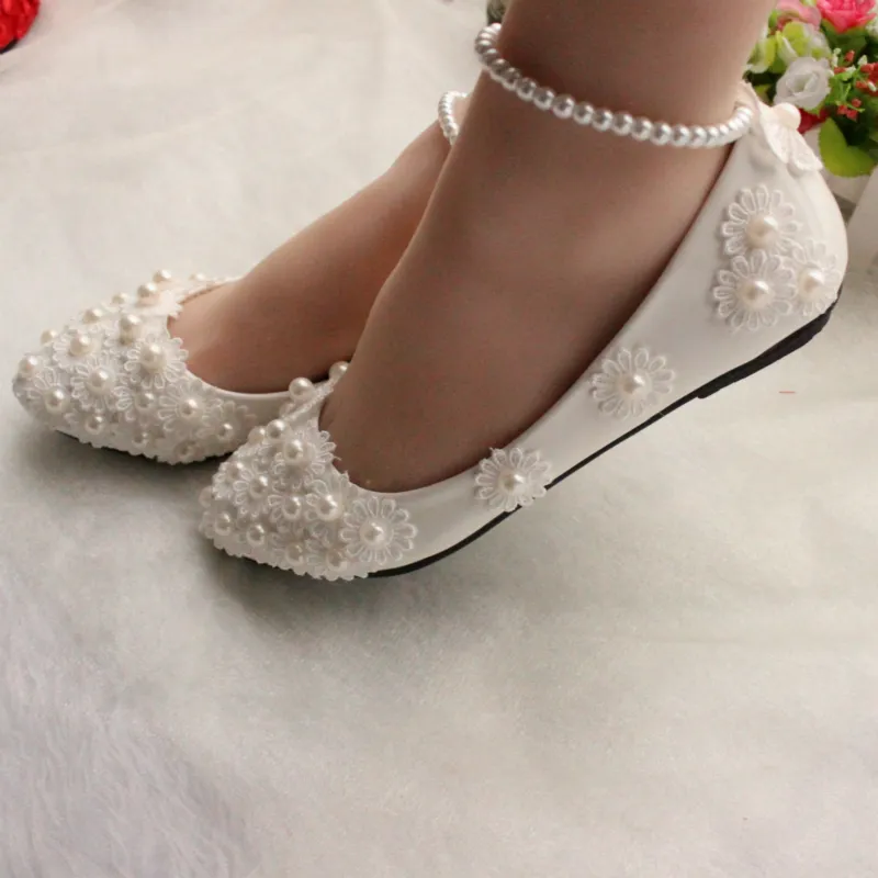 Cheap Pearls Wedding Shoes For Bride 3D Lace Appliqued Prom High Heels Ankle Strap Plus Size Pointed Toe Bridal Shoes