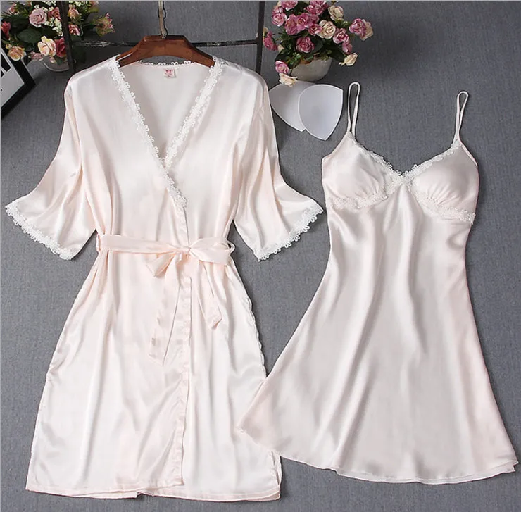 Novo sexy cetim quimono feminino lindo loungewear robe 2 peças por conjunto sólido rendas até pijamas dress285h