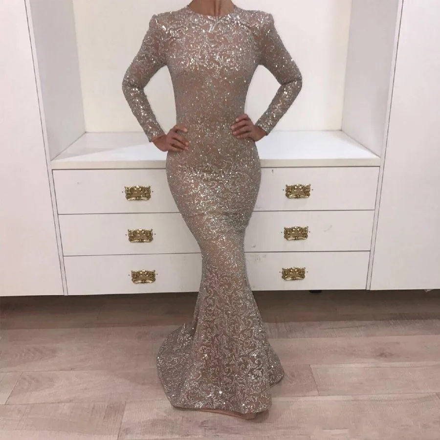 Prom escuro champanhe o pescoço manga longa brilhante tira cristal yousef aljasmi sereia vestidos de noite vestidos de festa