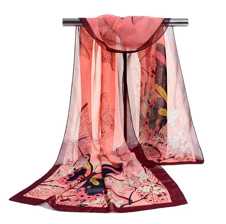 Fabriek groothandel vrouw sjaal zijde merk luxe bloem vlinder dames chiffon scrawl bloem gedrukte wrap sjaal strand cover 160 * 50cm