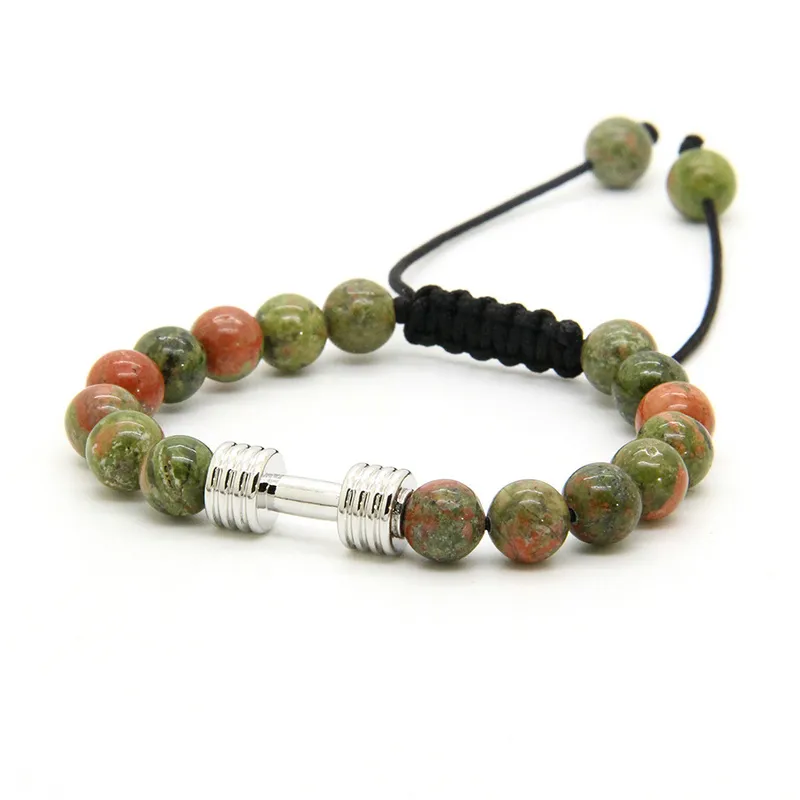 Braceletes de desporto dos homens Atacado 8mm Unakite Stone Beads com New Barbell Fitness Dumbbell Macrame Charms Pulseiras