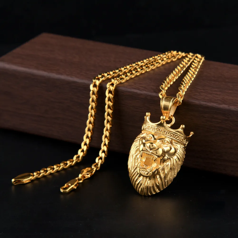 Micro Lion King Kronhänge Halsband 5 mm 70 cm Cuba Chain Halsband Guldpläterat rostfritt stål Hip Hop smycken för män