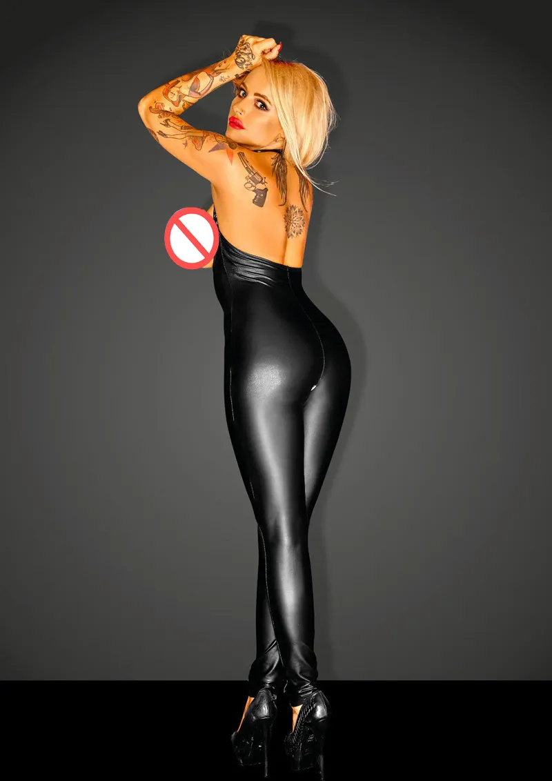 Sexy Damen ärmelloser Overall mit offener Brust und Schritt, Bodysuit, Versuchung, rückenfrei, Catsuit, Kunstleder, Stripperin, Club-Kostüm