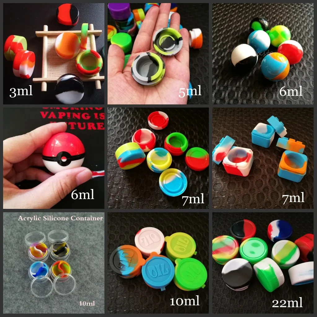 10 types silicone wax containers jars dab 3ml 5ml 6ml 7ml 10ml 22ml round ball square acrylic holder storage dabber tool vaporizer