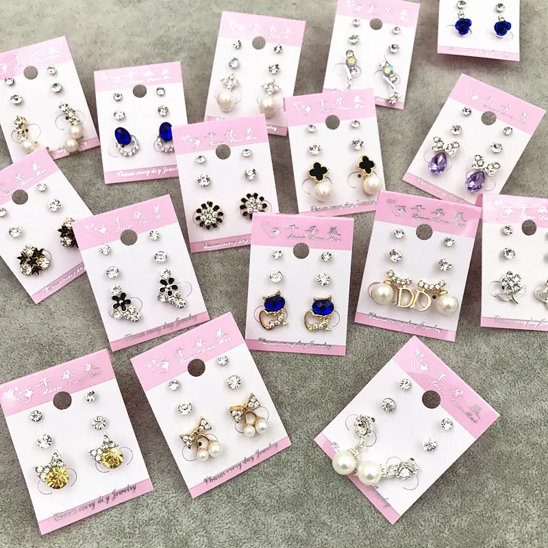 Venta al por mayor Stud Crown Princess Cross Pendientes de boda Moda 3 par / lote Plata Oro Rhinestone Perla Opal Zircon Joyería de moda DHL gratis