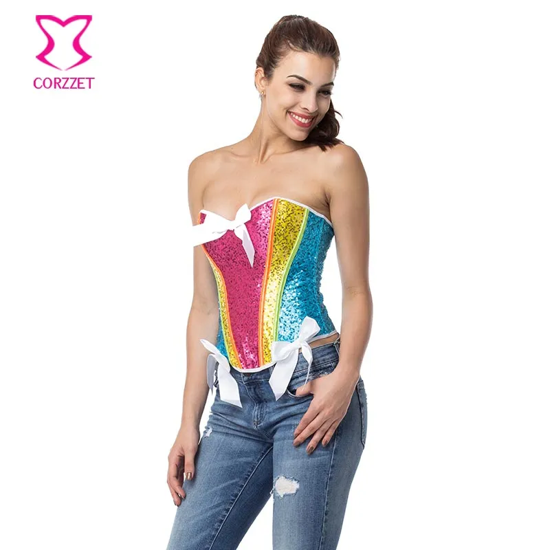 Rainbow Sequin Corset Sexy Bustier Top Corselet Overbust Burlesque Corsets And Bustiers Corpetes E Espartilhos Gothic Clothing From My11 20.52 DHgate.Com