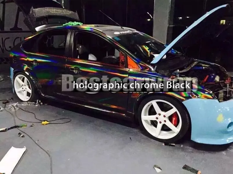 Holografisch chroom zwart vinylfilm voor auto -wrap met luchtbelvrije regenboog neo zwart chroom wikkel bedek foliemaat 1,52x20m/roll