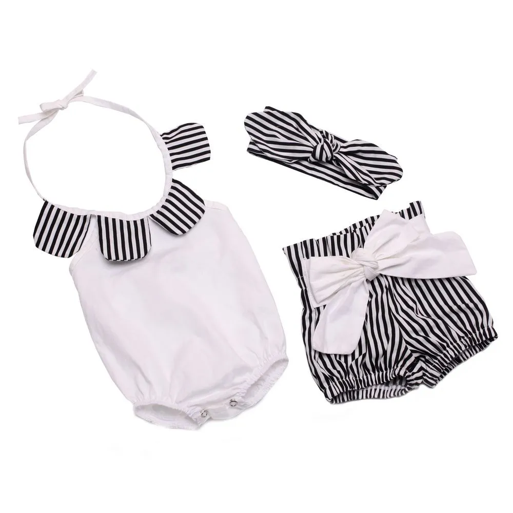 Pagliaccetto della neonata Pagliaccetti di cotone floreale petalo + Pantaloncini di bowknot + Fascia di orecchio di coniglio infantile Set tute bambini estate Tuta infantile C478