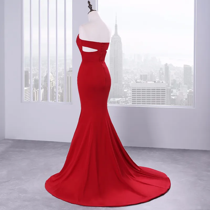 Sexy rotes Satin-Realmuster-Meerjungfrau-Abschlussballkleid, trägerlos, Knöpfe, bodenlang, Abendparty-Kleider, Event-Kleid