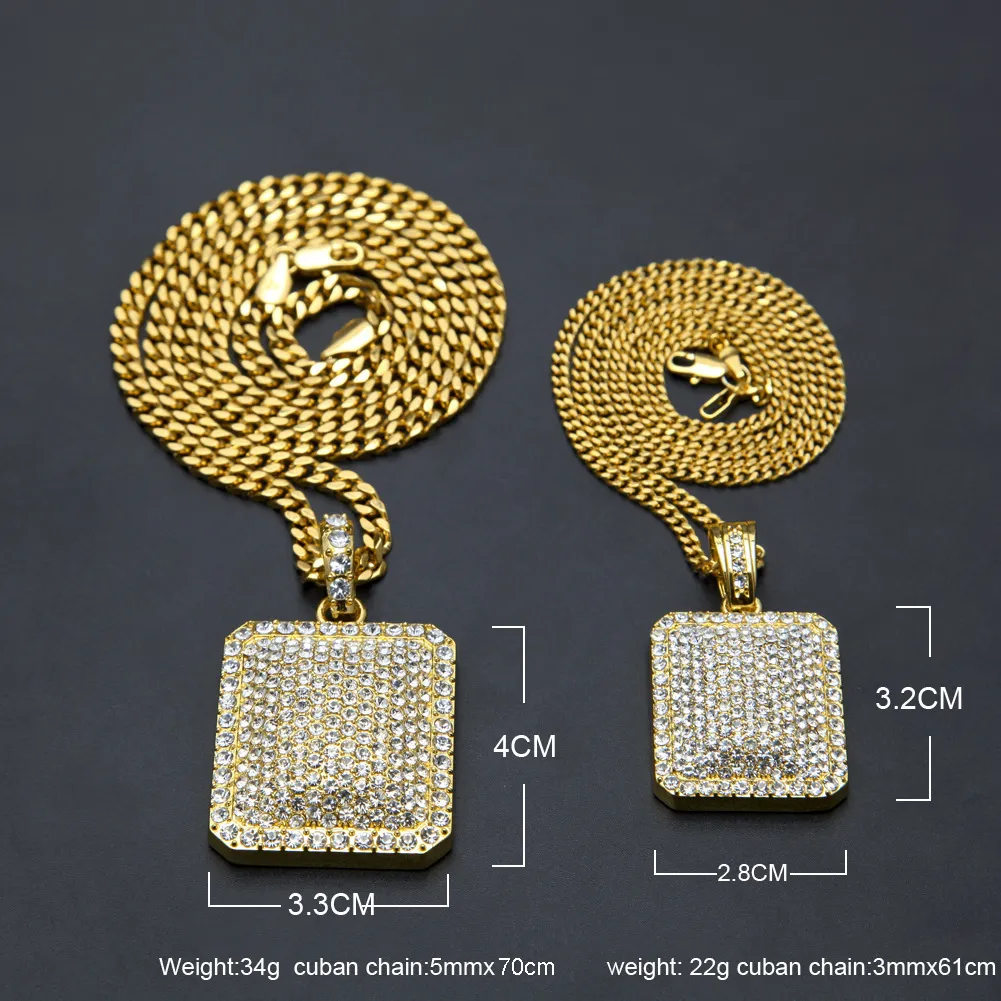 Hip Hop Men's Rhinestone square pendant necklace Gold Filled blingbling Military license Charm cuban Chain For Man Hip-Hop Je227E