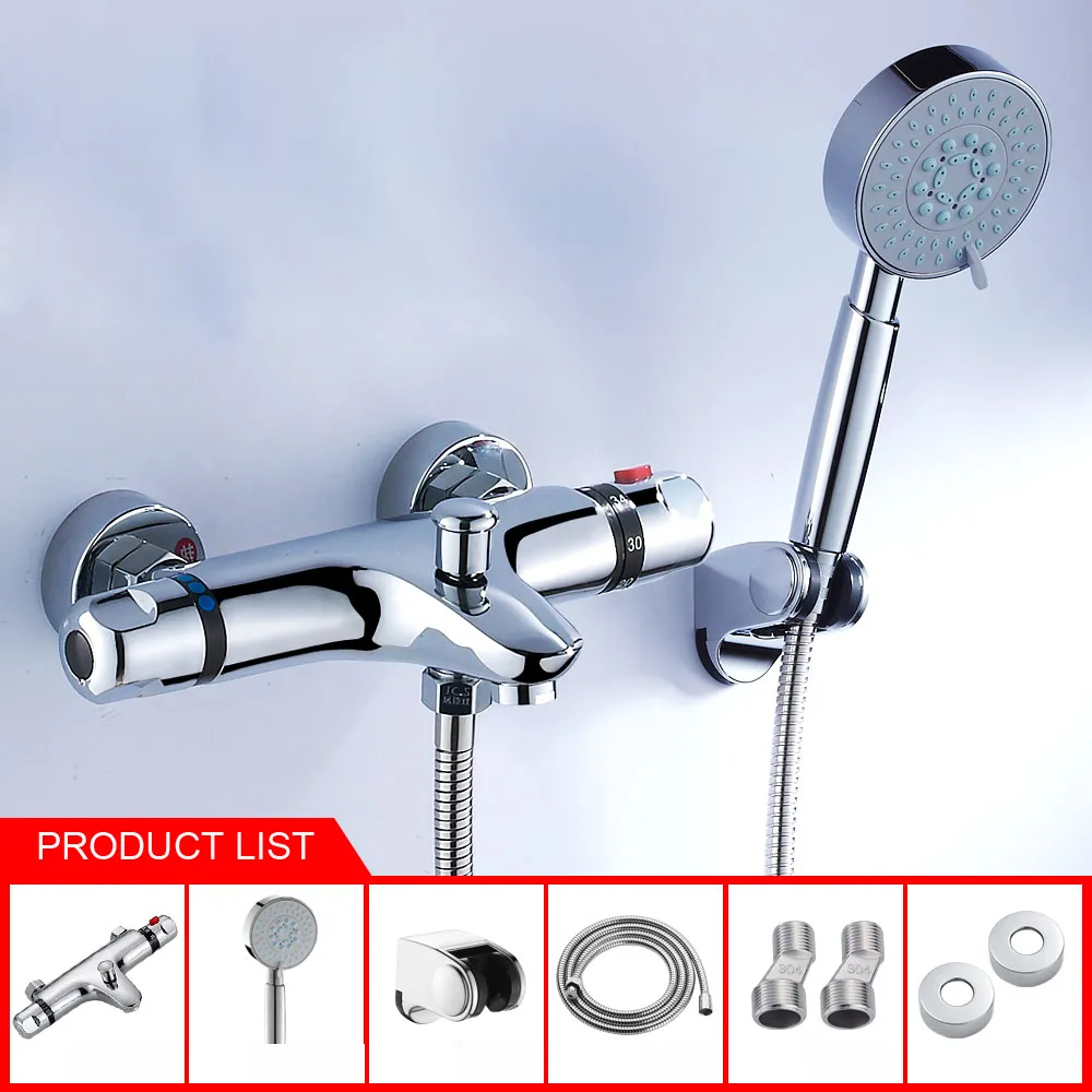 Wall Mount Thermostatic Shower Faucet Mixers Chrome Dual Handle Bathroom Hand Held Bath Shower Taps