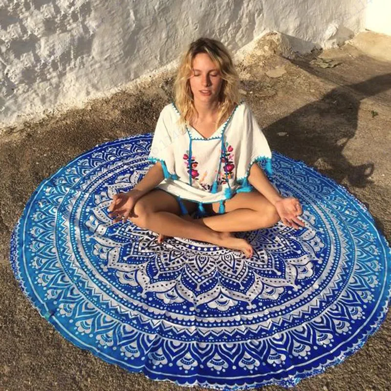 160cm Stor rund strandhandduk Blå Lotusblomma Swimming Badhandduk Blå Peony Serviette Indisk Mandala Tapestry Vägg Hängande Kasta Handduk