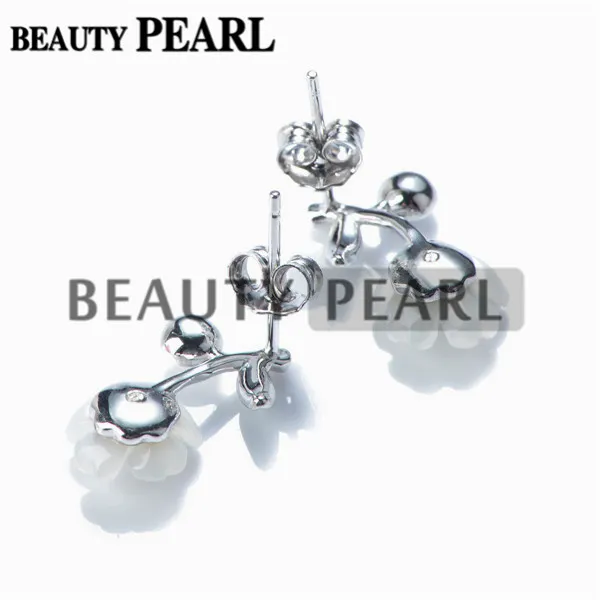 Pearl Earring Settings White Shell Flower with Leaf Earring Semi Mount 925 Silver Findings 