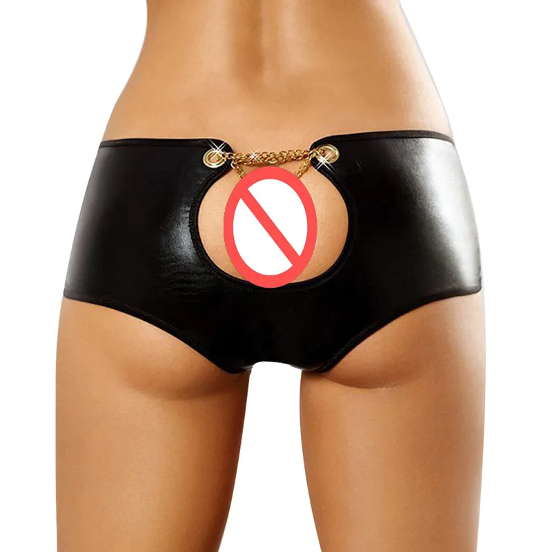 Sexy Women Open Butt Panties Black Faux Leather Underwear Decorate Chain Briefs Novelty Lingerie Size S-3XL