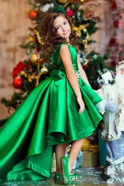 Scoop Neckline Green Flower Girls Dresses Back Zipper High Low Back Zipper With Sashes Custom Made Formal Party Gowns Girls Pageant Dresses