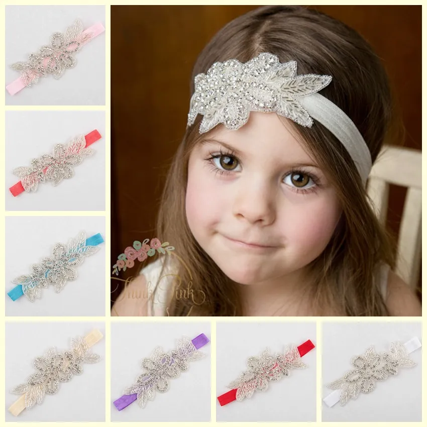 Soft and Stretchy Elastic Flower Girl Head Pieces with Crystals Rhinestones Jewelry Infant Toddler Little Girl Baby Headbands 12 Colors