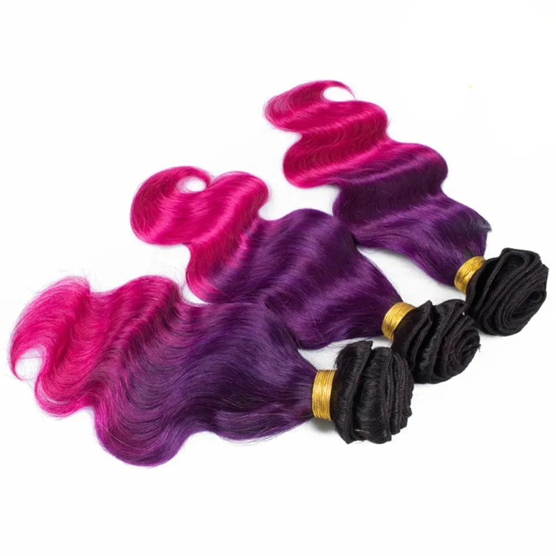 Trzy Tone Human Włosów Wefts Z Koronką Frontal Closure 1B Purple Pink Ombre Włosy z koronki Frontal Closure 4 sztuk / partia