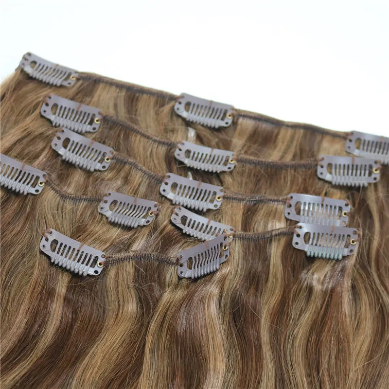 Human Hair Extensions Ombre Color Two Tone #4 Brown Piano #8 Clip In Human Hair Extensions Highlights