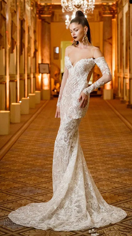 Long Sleeves Off the Shoulder Wedding Dresses Berta Bridal Sweetheart Neckline Elegant Sexy Open low back Lce applique wedding gown