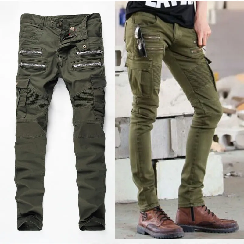 Wholesale- new brand men designer army green biker jeans men straight slim fit stretch denim skinny jeans mens trousers