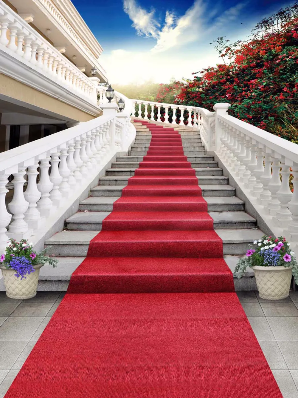 Outdoor Staircase Wedding Backdrops Red Carpet Blue Sky Red Flowers Scenic Backdrop Photography Studio Backgrounds Vinyl Cloth