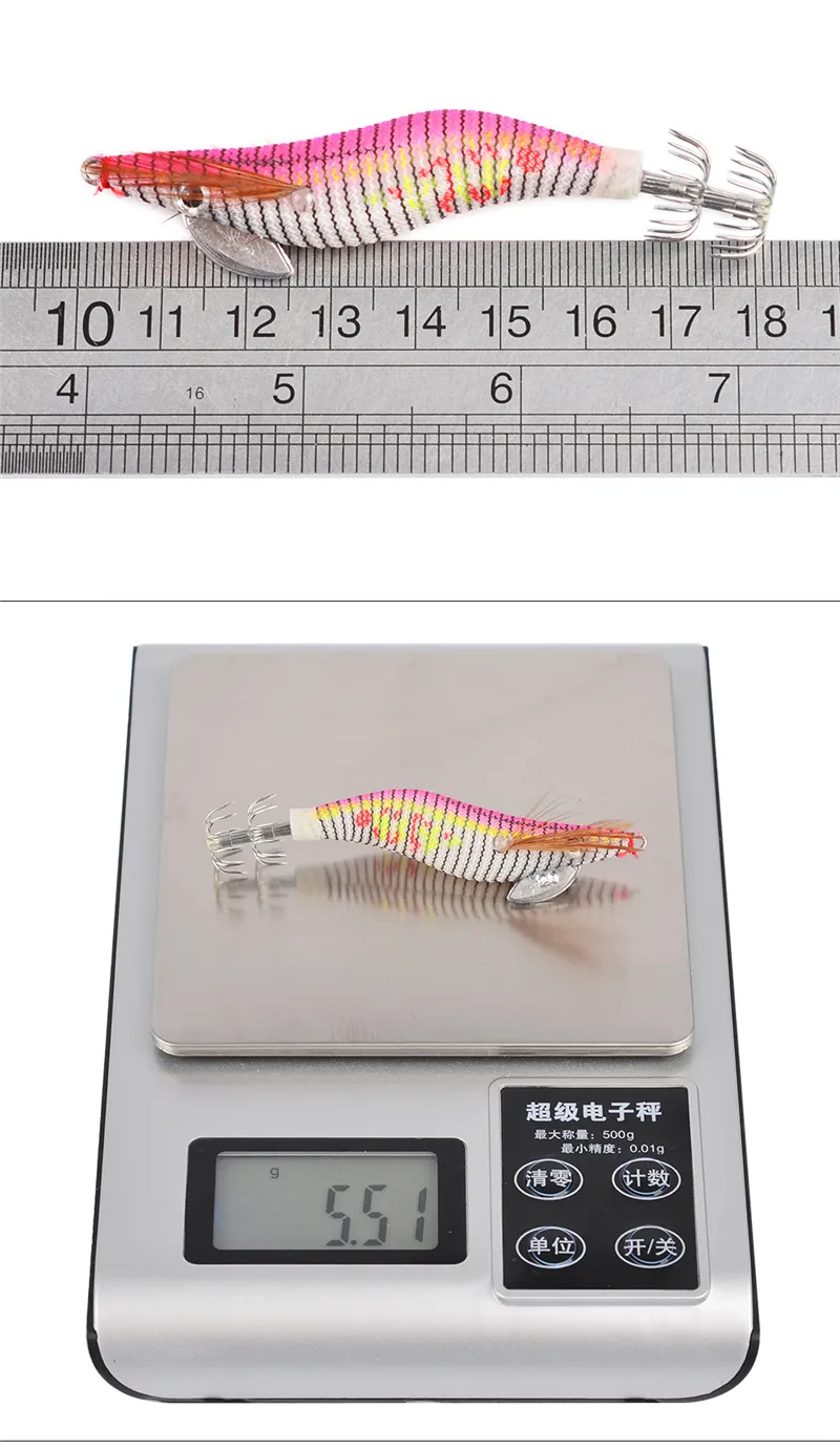 Leuchtender hölzerner Garnelen-Tintenfisch-Köder, 2 # Angelhaken, 8 cm, 5,5 g, 6 Farben, Tintenfisch-Vorrichtungen, Tintenfisch-Kurbelköder, künstlicher Garnelen-Köder