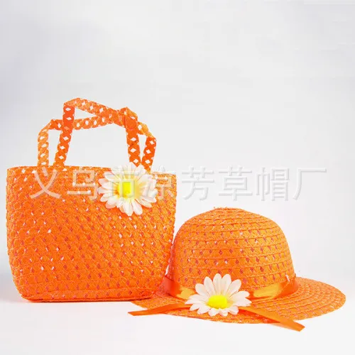 Прекрасный подсолнечник цветок шапки детей Sunhat Baby девушки повседневные пляжные солнце Соломенная шляпа + соломенная сумка 2 шт. / Комплект для детей 9 Цветов C1938