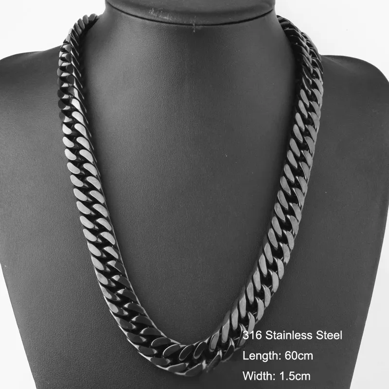 Collier de chaîne à maillons cubains en acier inoxydable 316L plaqué noir pour hommes Hip Hop Bling Bling Punk Accessoires 60cm * 1.5cm