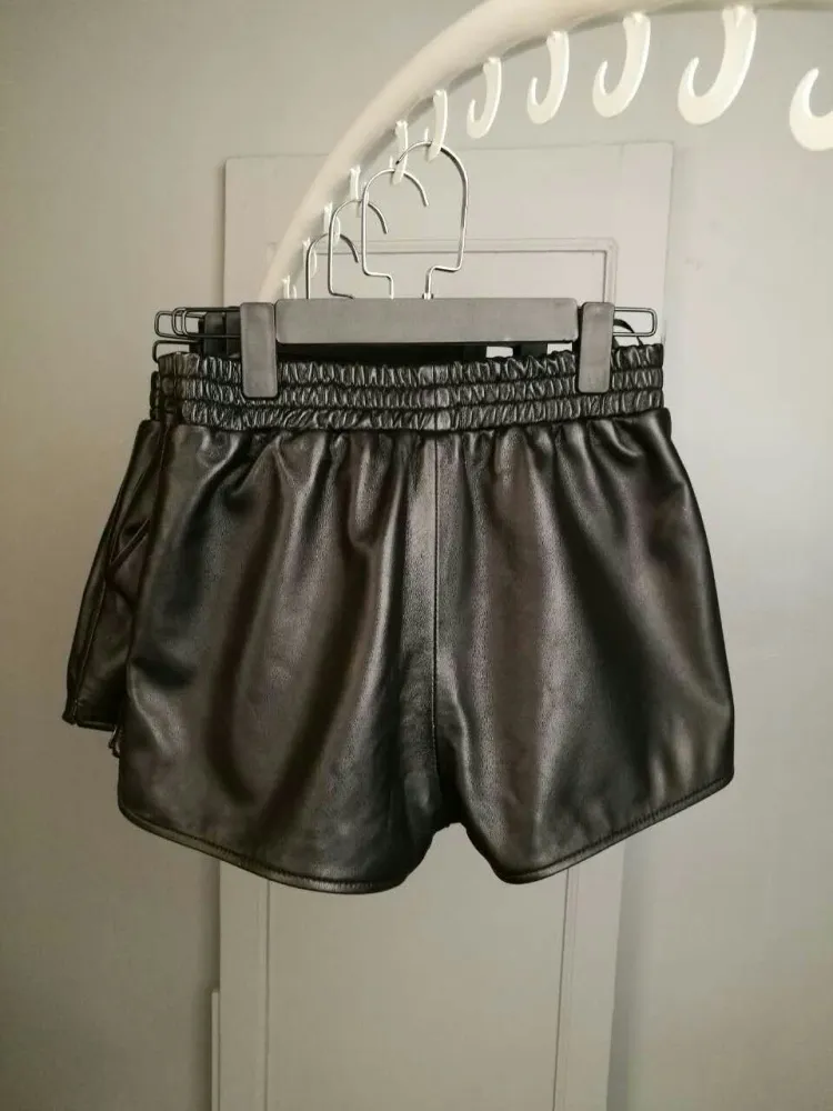 Short de luxe en cuir de mouton véritable pour femme, taille haute, élastique, jambes larges, coupe botte, grande taille, nouvelle mode, S-5XL