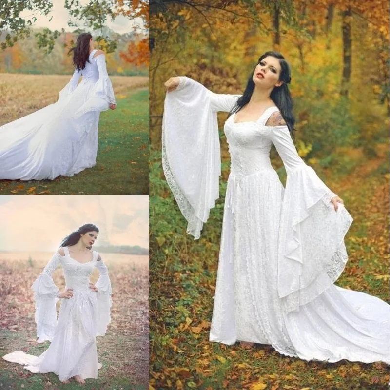 Fantasy Fairy Medieval Wedding Jurk Lace Up Custom Made Off the Shoulder Long Sleeves Court Train Full Lace Bruids Jurken Hoge kwaliteit