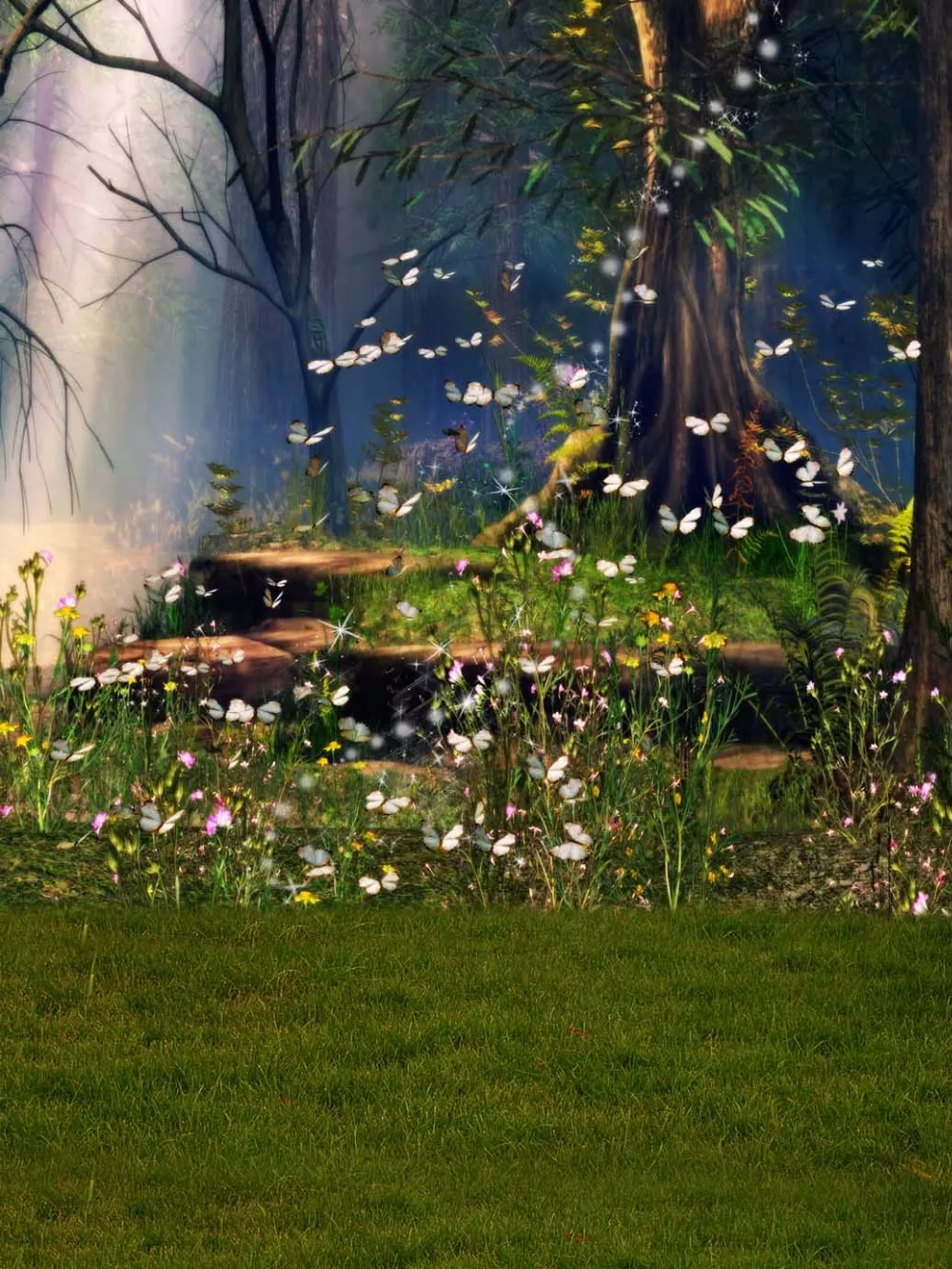 Spring Scenic Forest Photographic Background Butterflies Yellow Flowers Trees Green Meadow Outdoor Fantasy Fairy Tale Photography Backdrop