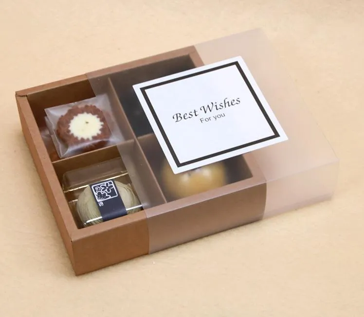 100st genomskinlig skrubbpaket med franska ord tårta låda, choklad, månkaka muffin biscuit box Lovely present